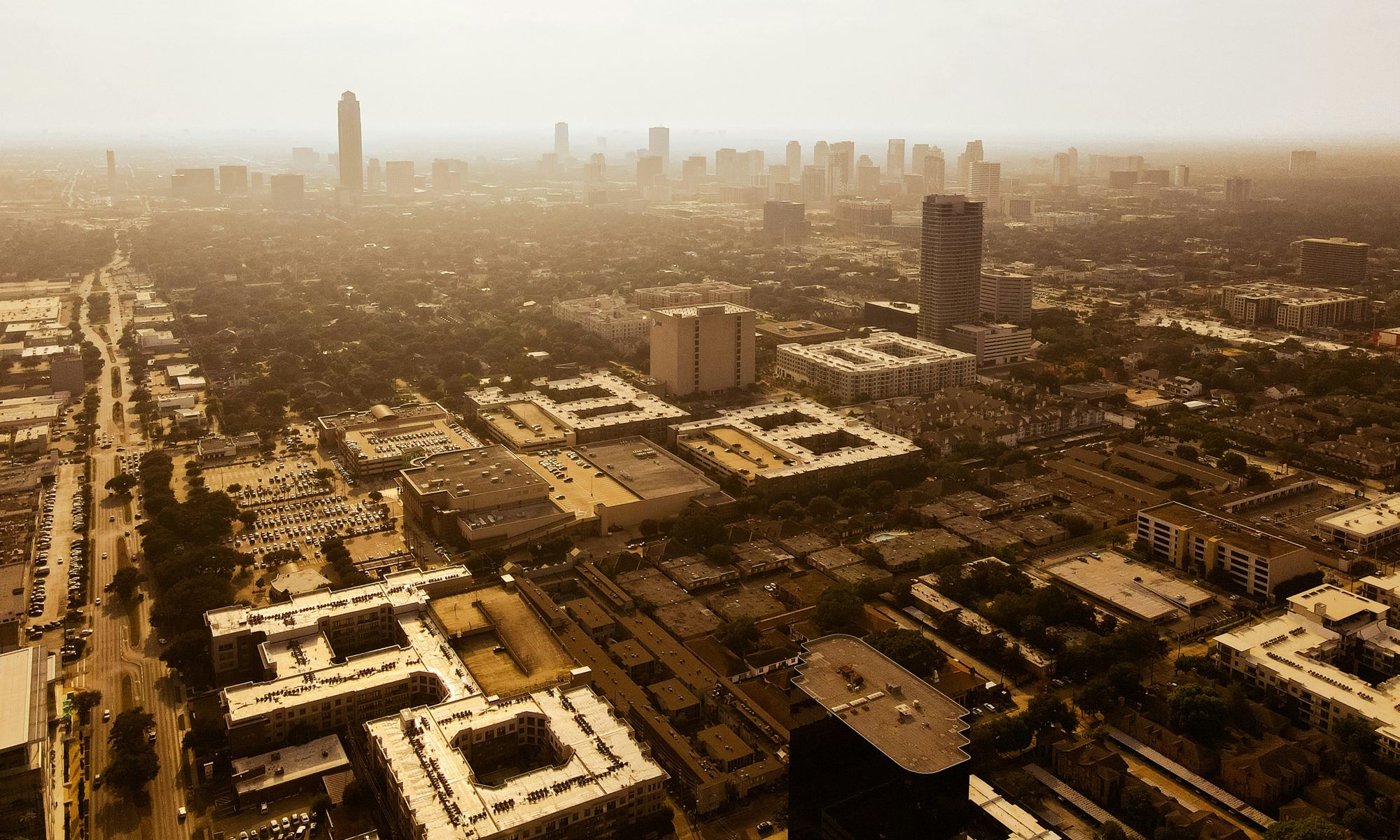 Aerial view of Houston with the skyline in the distance